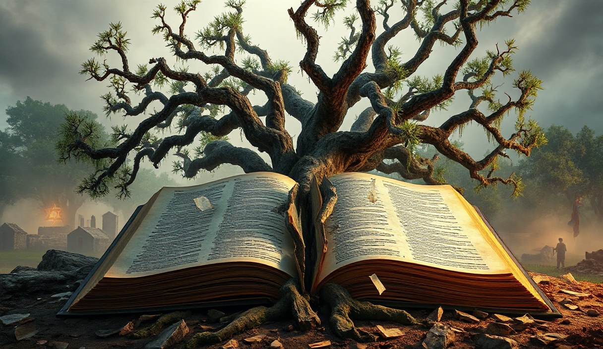 Otwarta Biblia na drewnianym stole przy wschodzie słońca