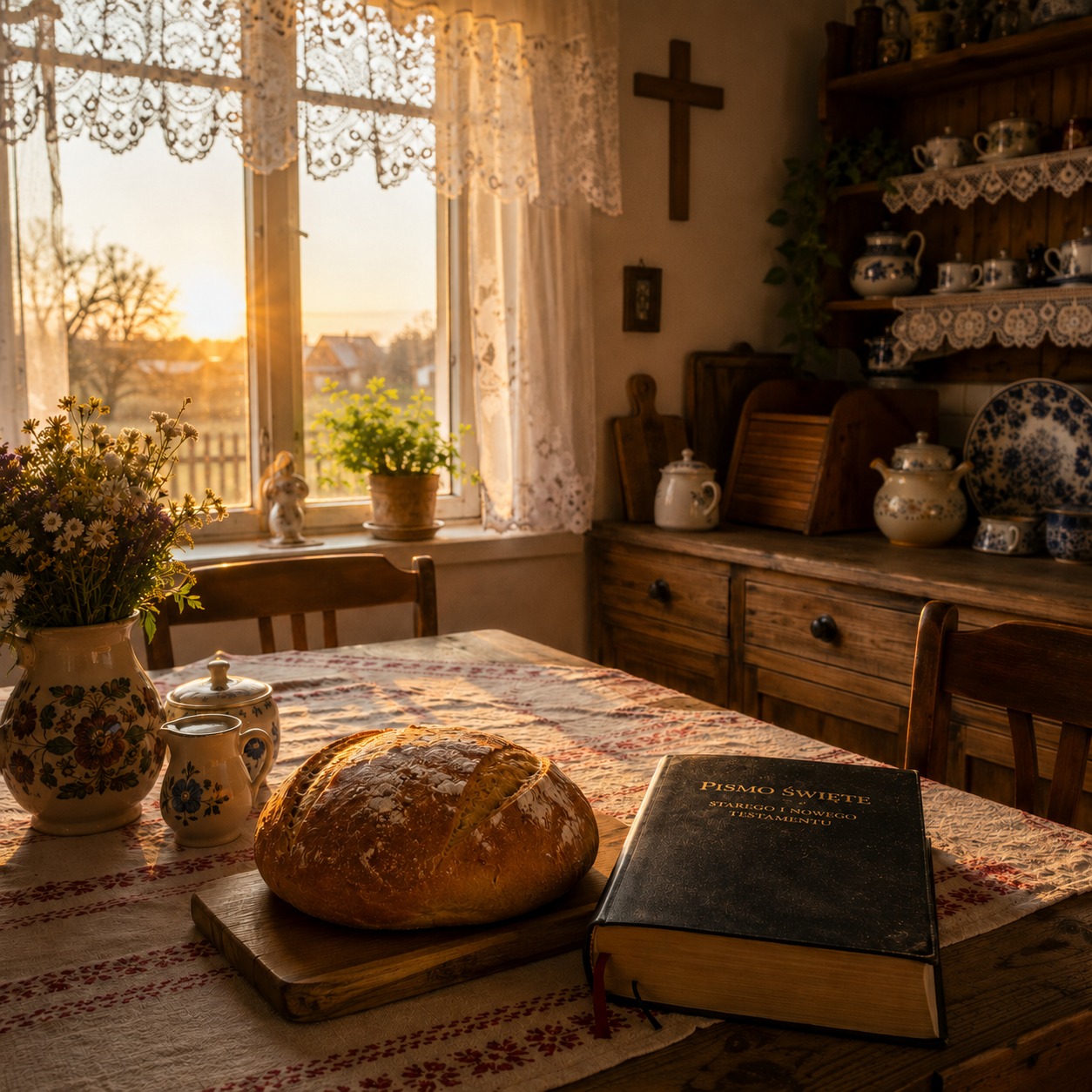 Polskie wnętrze o świcie: otwarta Biblia, świeży chleb i kawa na drewnianym stole