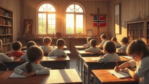 Dzieci uczą się pisać w klasycznej norweskiej klasie szkolnej