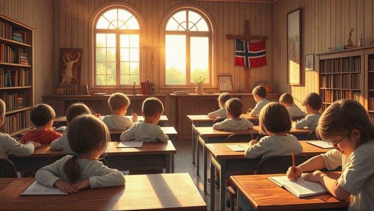 Dzieci uczą się pisać w klasycznej norweskiej klasie szkolnej
