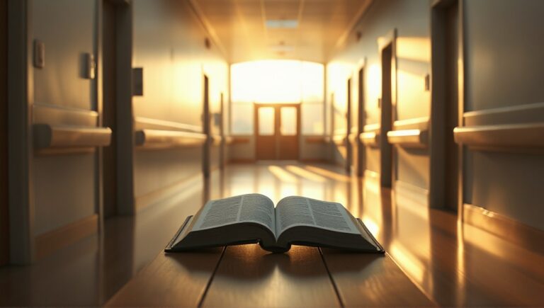 Pusty szpitalny korytarz o świcie — symbol ciszy i troski