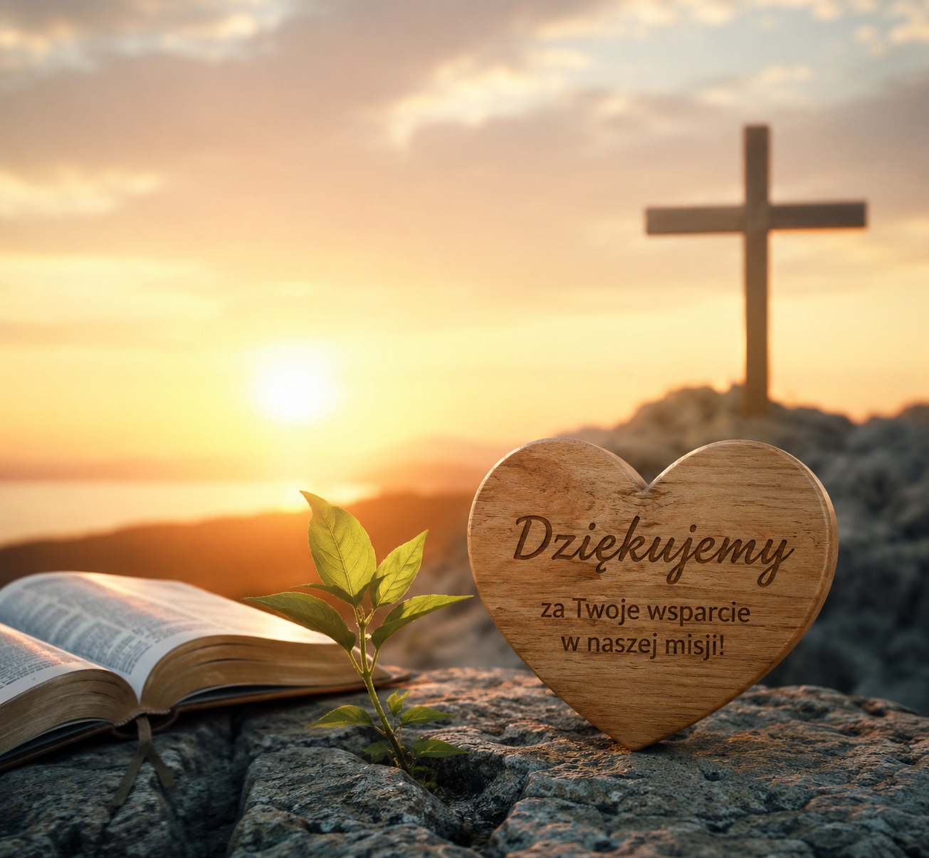 Drewniane serce z napisem Dziekujemy za Twoje wsparcie w naszej misji, obok pusty krzyz, otwarta Biblia i wschod slonca nad horyzontem