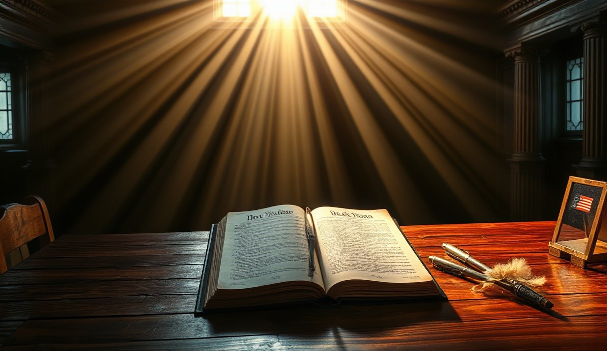 Otwarta Biblia na drewnianym stole przy wschodzie słońca