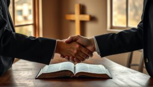 Uścisk dłoni pojednania, w tle otwarta Biblia i prosty pusty krzyż