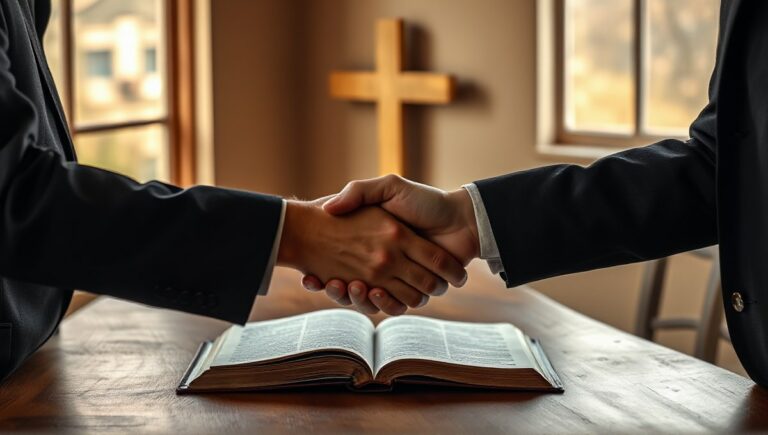 Uścisk dłoni pojednania, w tle otwarta Biblia i prosty pusty krzyż