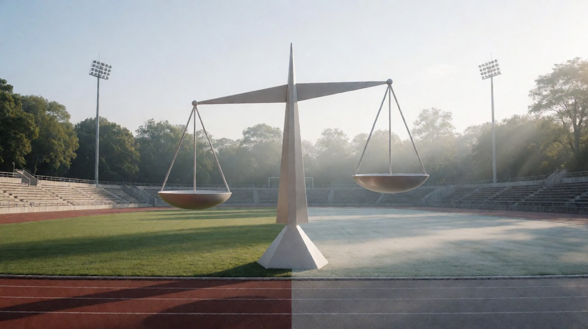 Pusta bieżnia lekkoatletyczna o świcie, symbolizująca uczciwą rywalizację