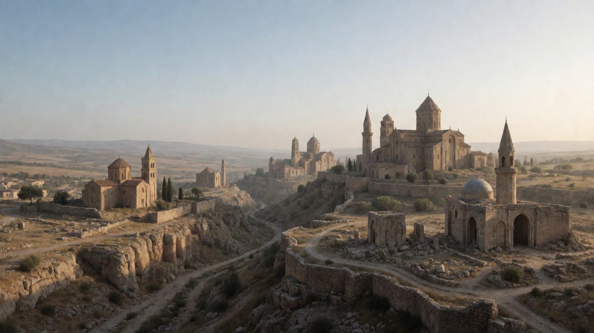 Ruiny bizantyjskiego kościoła w Anatolii z minaretami w tle, historyczna sceneria podboju