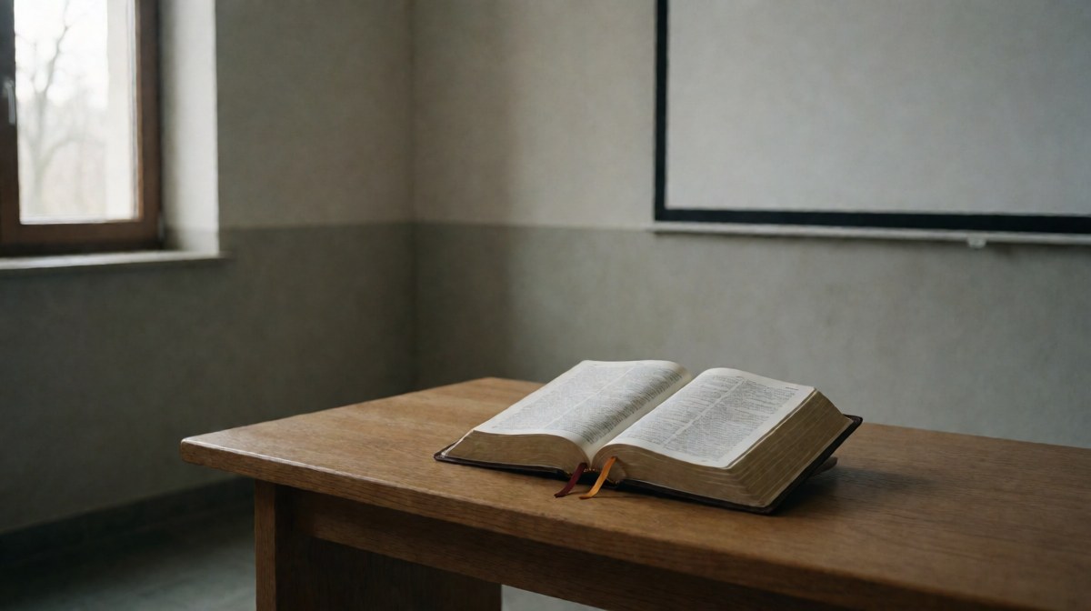 Otwarta Biblia leżąca na ławce w sali nabożeństwa