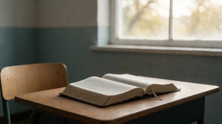 Otwarta Biblia leżąca na drewnianym stole w jasnej sali szkolnej