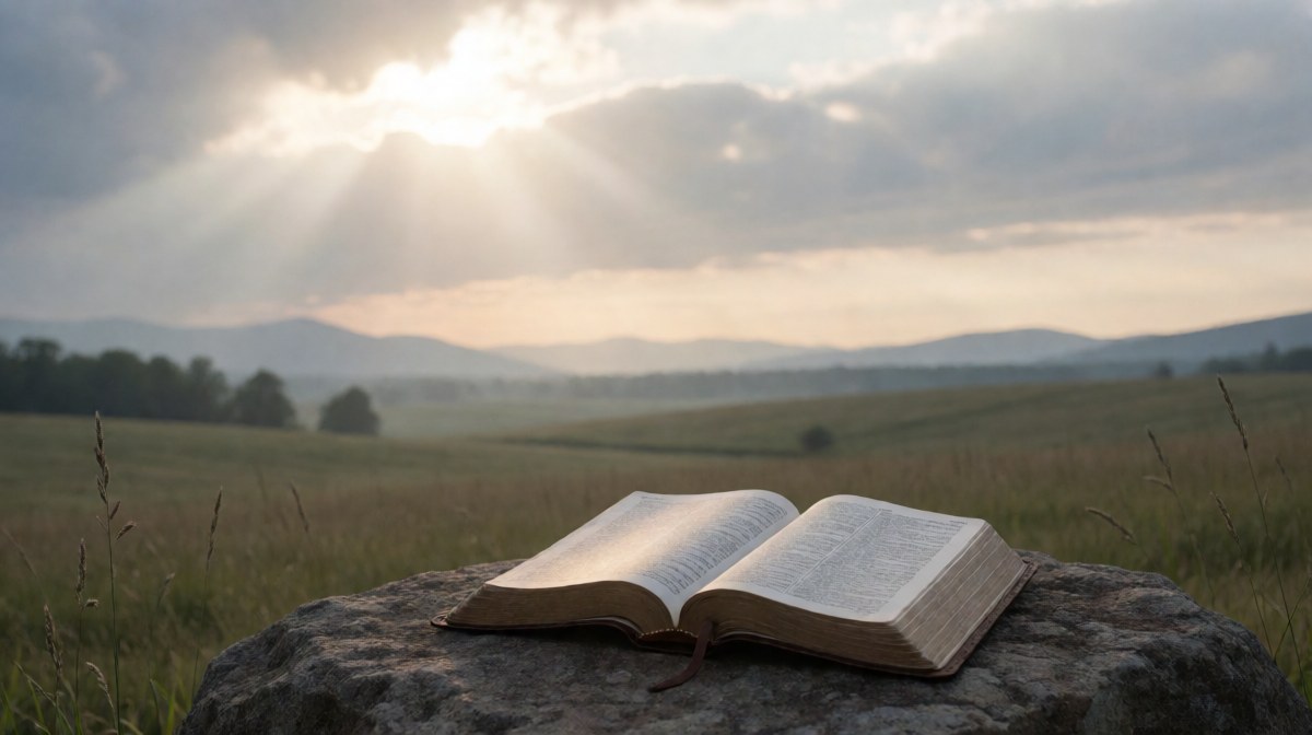 Otwarta Biblia na drewnianym stole przy wschodzie słońca