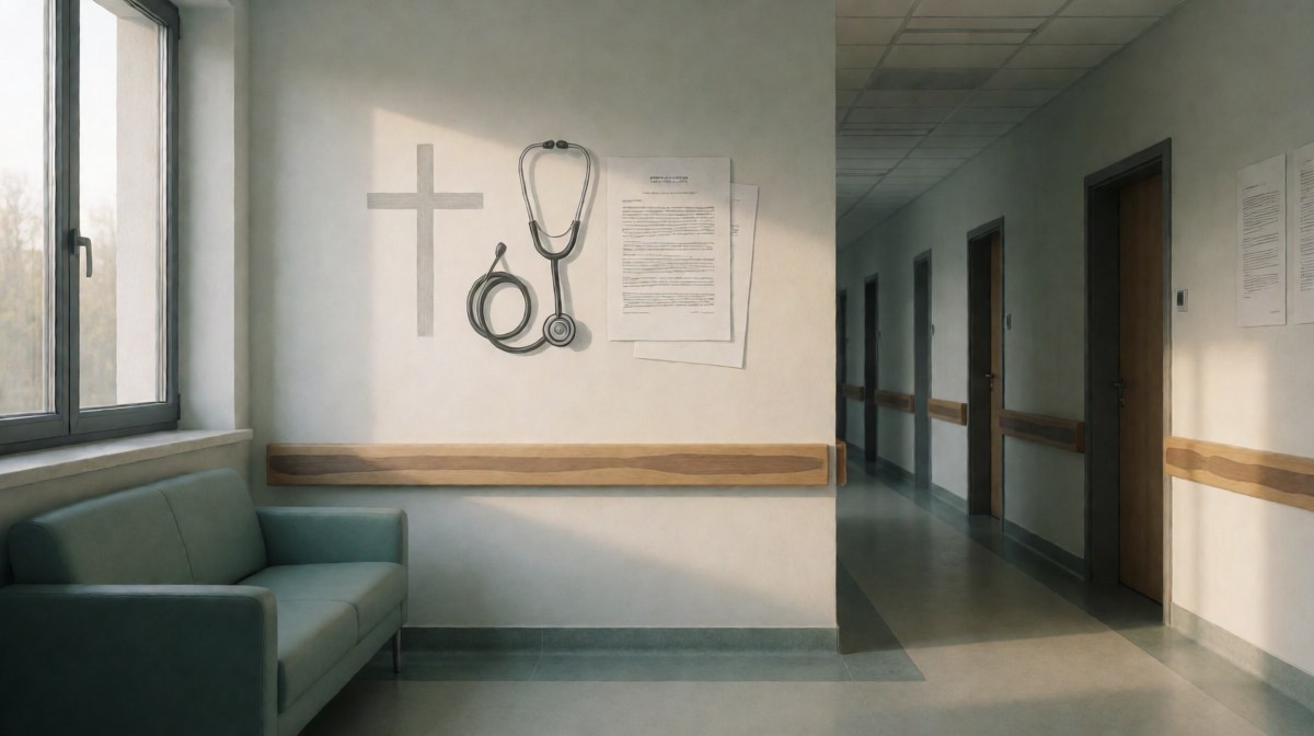 Asystentka medyczna w szpitalnym korytarzu, symbolizująca konflikt sumienia w miejscu pracy