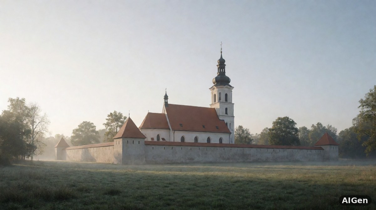 Grupa duchownych i wiernych podczas spotkania w sali kościoła na wsi, poważna rozmowa przy stole