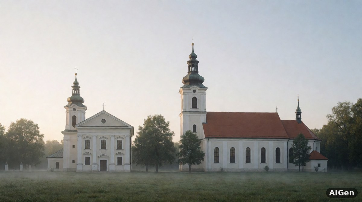 Wnętrze protestanckiego kościoła podczas nabożeństwa z widocznymi funkcjonariuszami za drzwiami