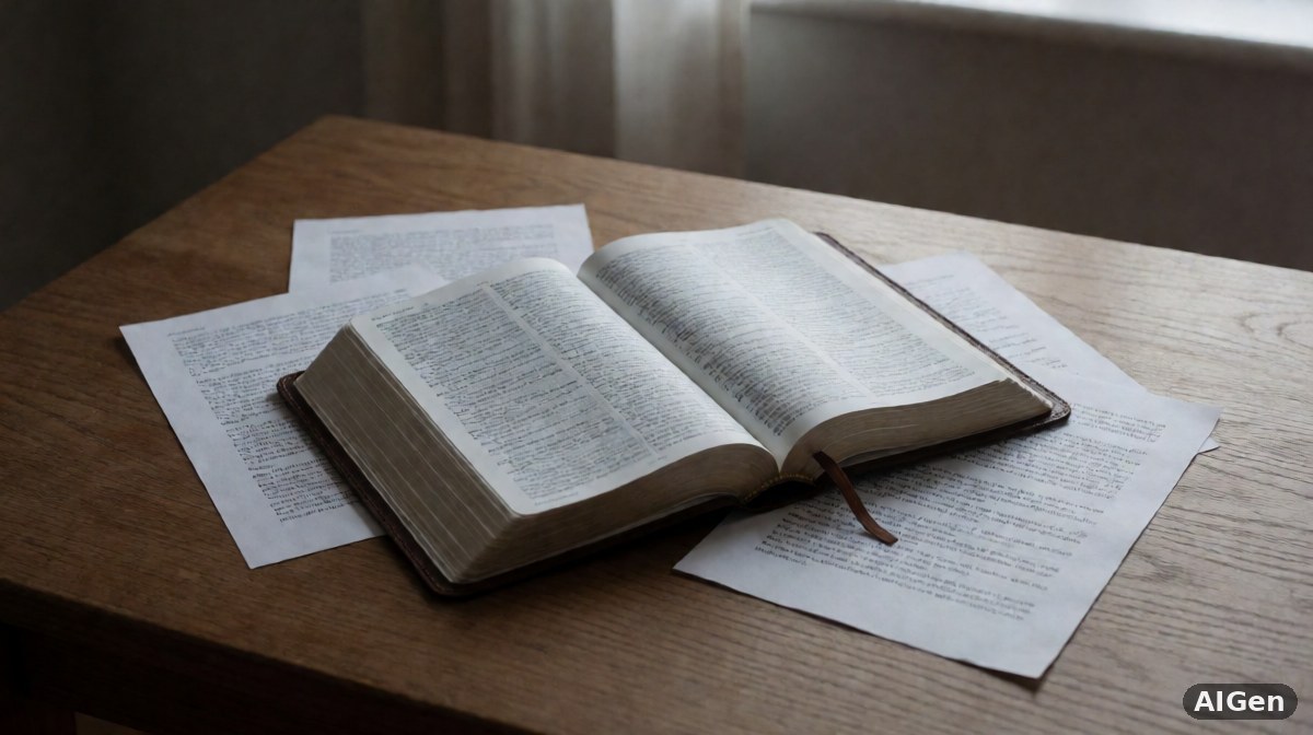 Wnętrze współczesnego kościoła ewangelicznego z otwartymi Bibliami na ławkach i grupą duchownych omawiających dokumenty przy stole