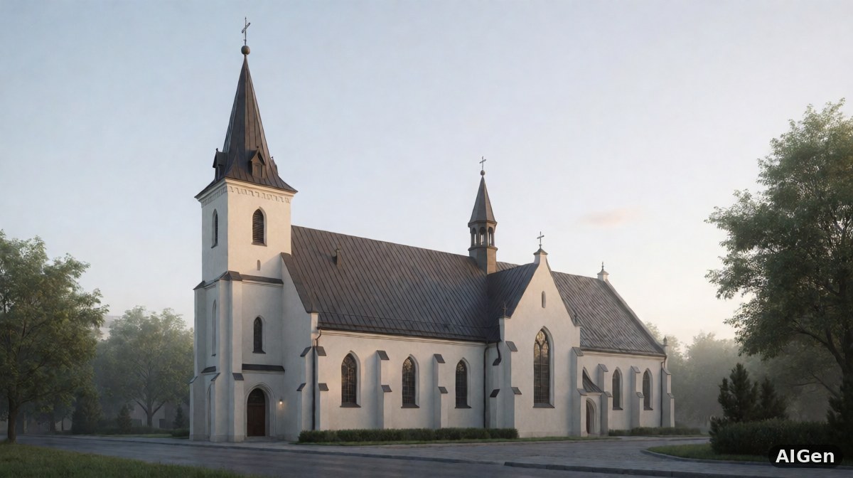 Sala sądowa w Teksasie z widocznymi ławkami i oknami, symbolizująca spór prawny w kościele