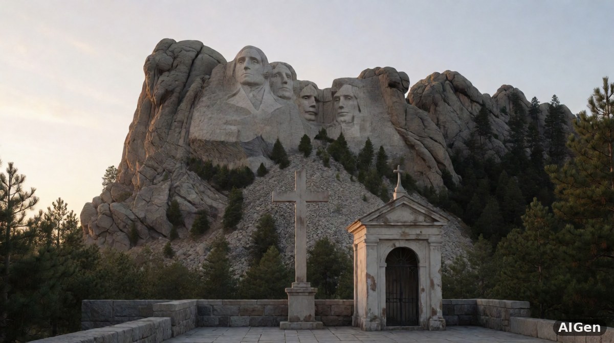 Symboliczne ujęcie Mount Rushmore z krzyżem na pierwszym planie, amerykański krajobraz historyczny