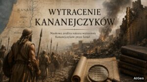 Izraelscy wojownicy przed murami kananejskiego miasta, mapa Kanaanu i zwój z tekstem hebrajskim