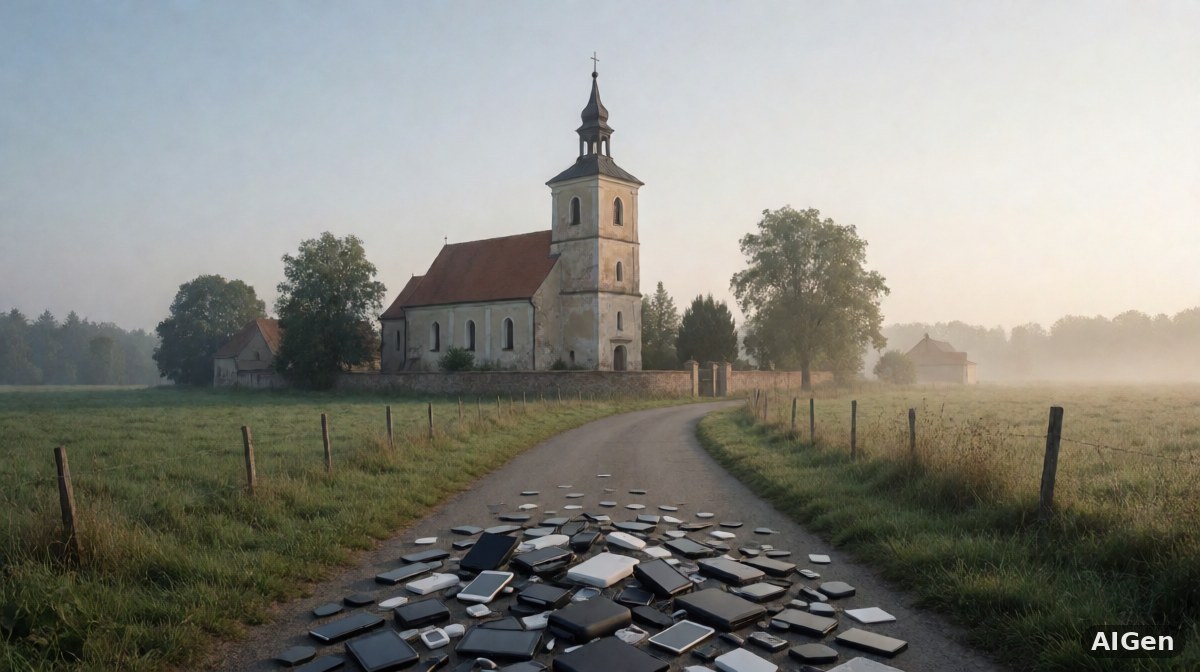 Młodzi mężczyźni samotnie spędzający czas przed ekranami w mieszkaniu, z widokiem na kościół w tle