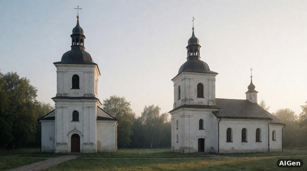 Uszkodzony budynek kościoła na terenie okupowanym przez wojska rosyjskie z widocznymi śladami zniszczeń