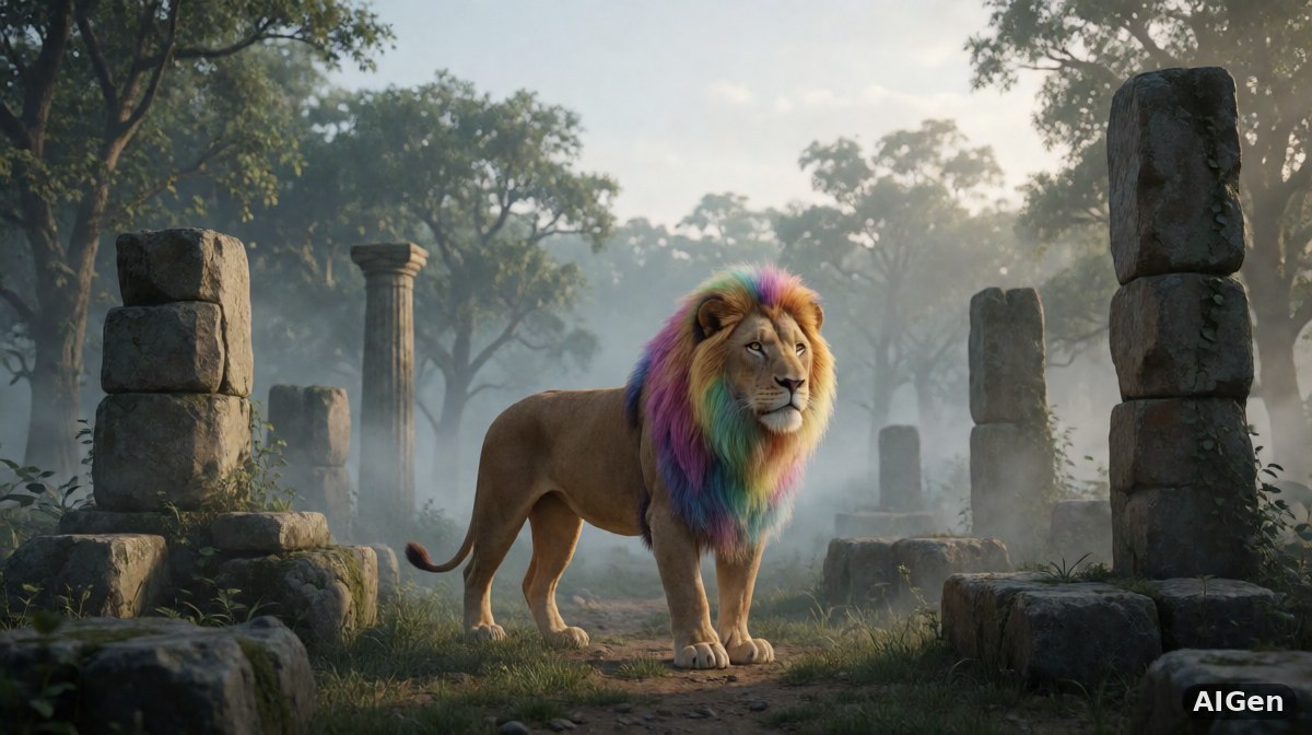 Lew z tęczową grzywą w mglistym lesie Narnii, symbolizujący zmianę w adaptacji filmowej
