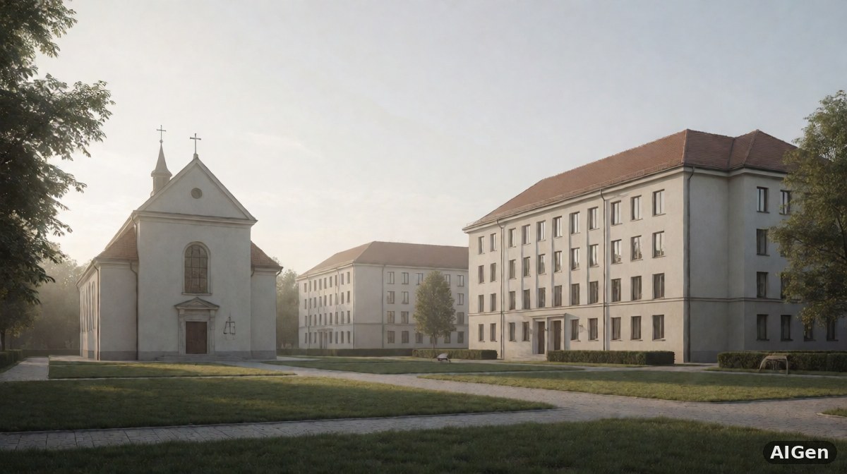 Kampus uczelni z grupą studentów spotykających się na zewnątrz budynku akademickiego