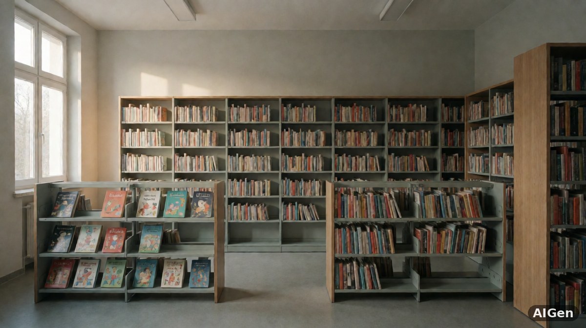 Wnętrze biblioteki publicznej z półkami oddzielającymi działy dziecięce od sekcji dla dorosłych