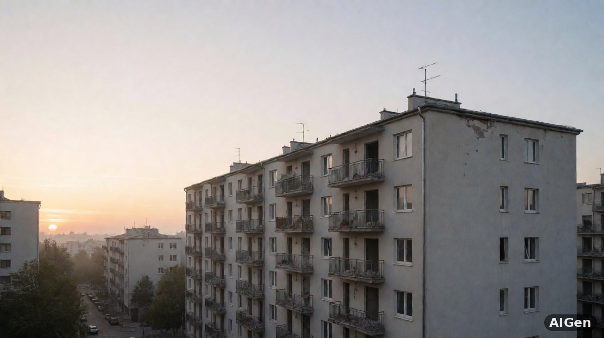Widok na uszkodzony budynek mieszkalny w Gazie z cerkwią w tle, symbolizujący konflikt i pomoc uchodźcom
