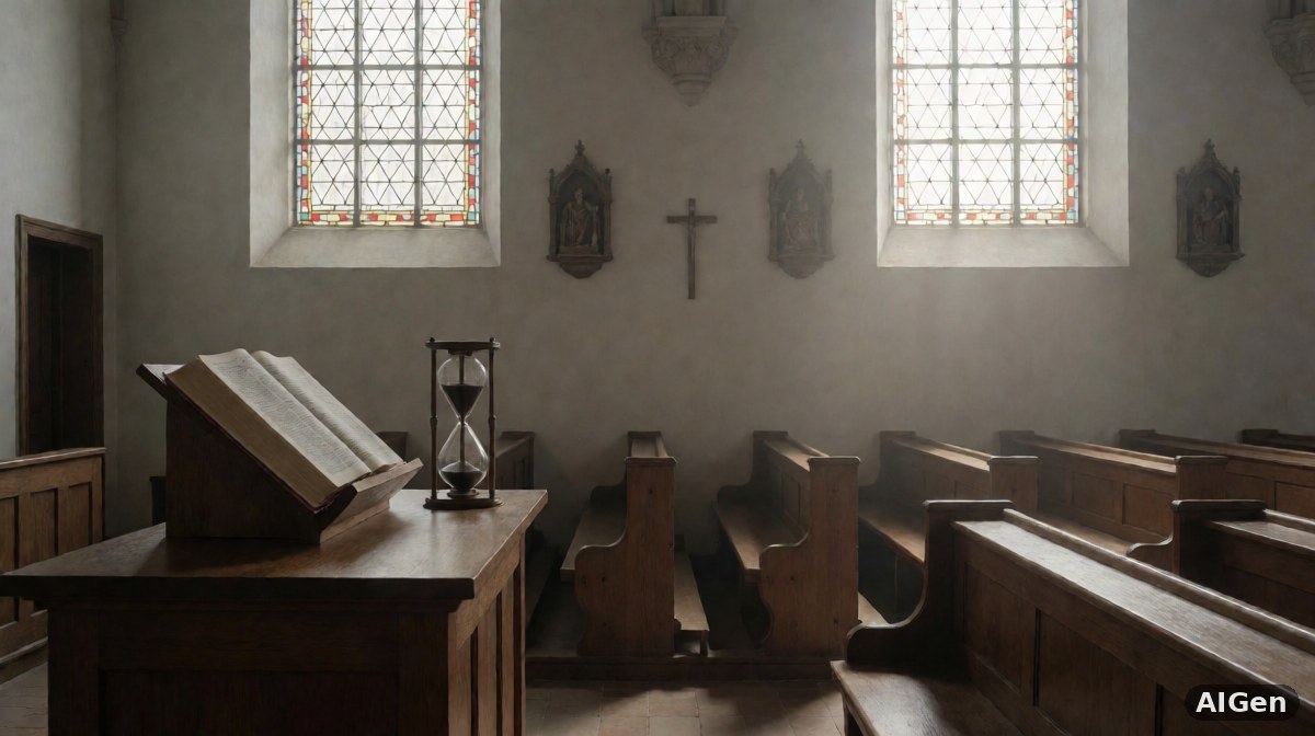 Wnętrze protestanckiego kościoła podczas nabożeństwa, wierni słuchający duchownego przy ambonie