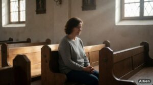 Kobieta w średnim wieku modląca się w prostej sali kościelnej, z dłońmi złożonymi, symbolizująca oddanie planów Bogu