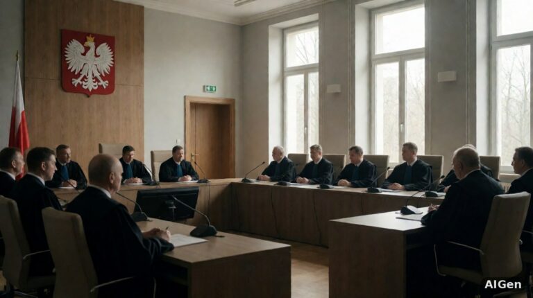 Wnętrze sali Trybunału Konstytucyjnego podczas posiedzenia, sędziowie w togach przy stole orzekającym