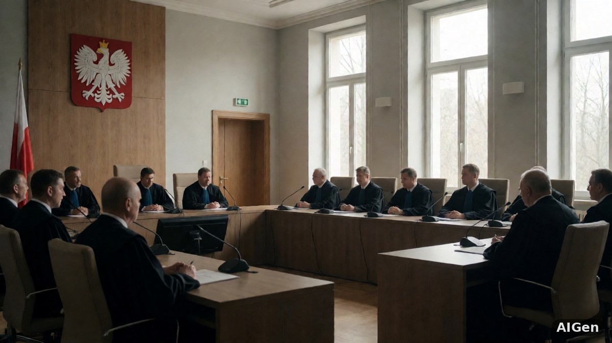 Wnętrze sali Trybunału Konstytucyjnego podczas posiedzenia, sędziowie w togach przy stole orzekającym