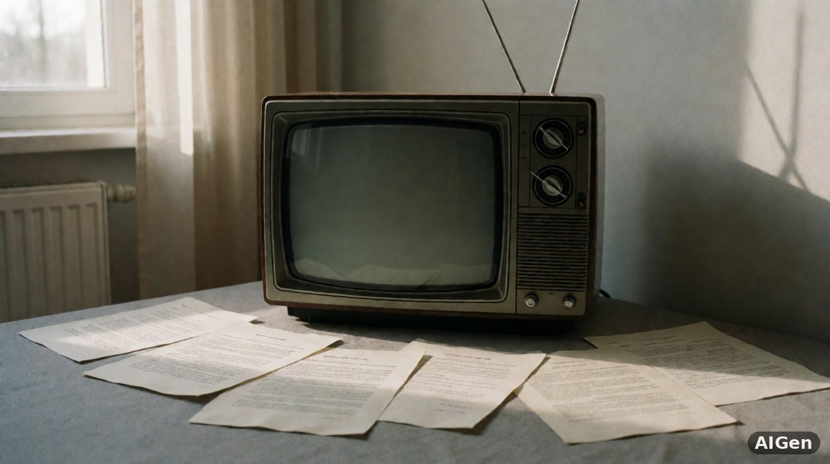 Stara amerykańska sala telewizyjna z pustymi krzesłami i sprzętem nadawczym z lat osiemdziesiątych