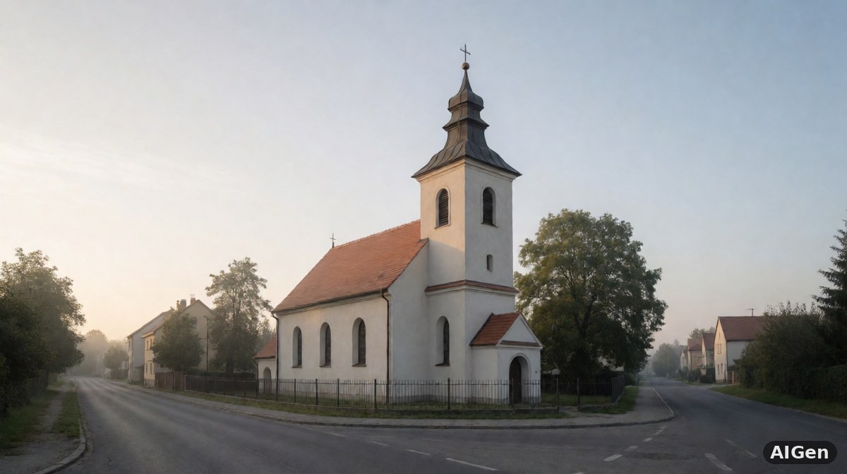 Wnętrze kościoła metodystycznego podczas spotkania wspólnoty, poważna atmosfera rozmowy