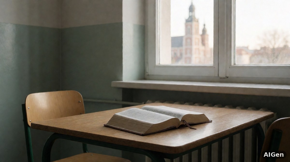 Grupa dzieci opuszczająca budynek szkoły publicznej i idąca w stronę pobliskiego centrum społecznościowego na zajęcia biblijne.