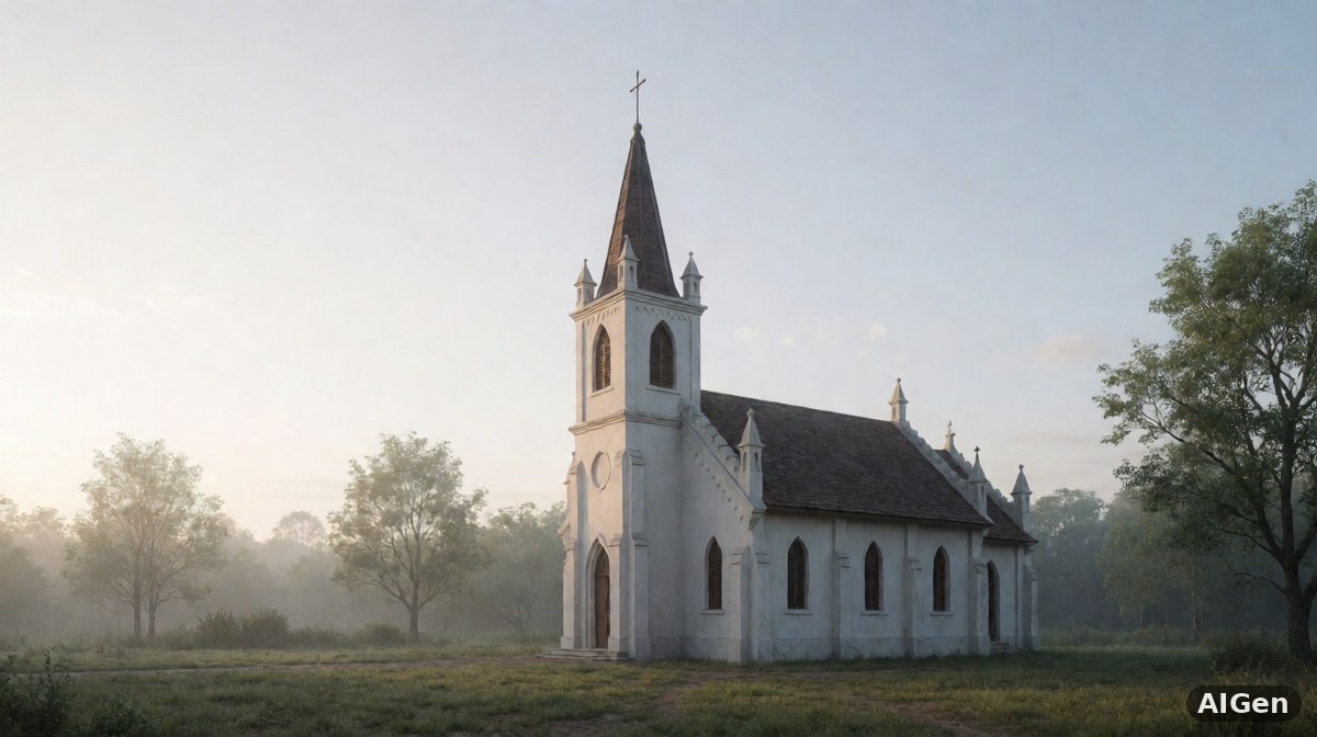 Wnętrze pustego kościoła baptystycznego w Mjanmie z widocznymi ławkami i ołtarzem
